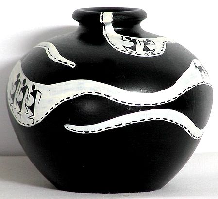 Black Flower Pot with Hand Painted Warli Painting