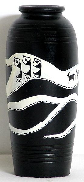 Black Flower Vase with Hand Painted Warli Painting