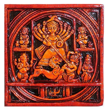 Durga with Family on a Square Plate - Wall Hanging