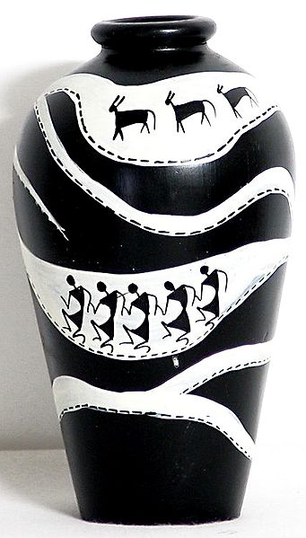 Folk Art Painted Black Flower Vase