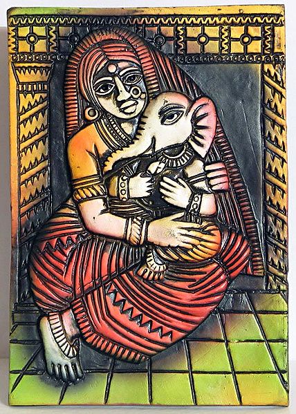 Ganesha Sitting in the Lap of Mother Durga - Wall Hanging
