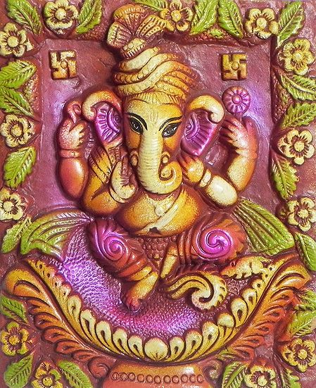Sitting Ganesha on a Plaque - Wall Hanging