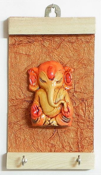 Ganesha on a Wooden Key Rack with Two Hooks - Wall Hanging