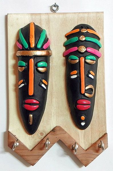 Masks of Tribal Couple on a Wooden Key Rack with Four Hooks - Wall Hanging