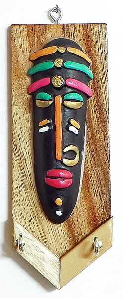 Mask of a Tribal on a Wooden Key Rack with Two Hooks - Wall Hanging