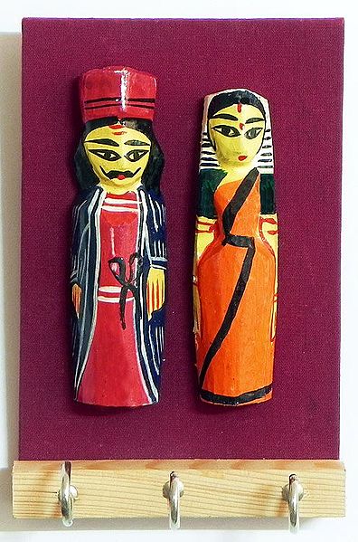 Mask of King and Queen on a Wooden Key Rack with Three Hooks - Wall Hanging