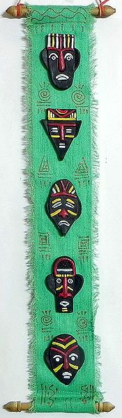 Masks of Five Tribals on a Cloth Background - Wall Hanging