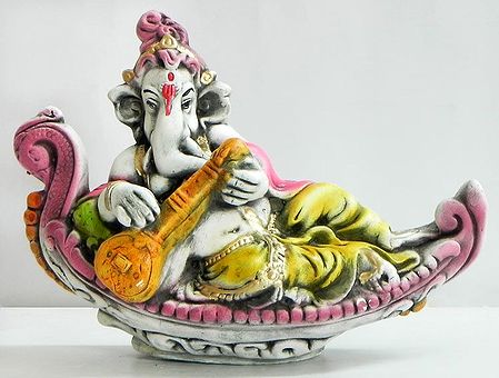 Reclining Ganesha Playing Veena on a Boat