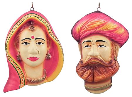 Terracotta Couple Masks from Rajasthan - Wall Hanging