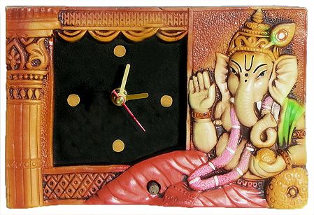 Battery Operated Square Table Clock in a Terracotta Plate with Reclining Ganesha