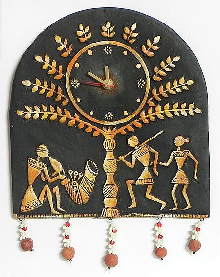 Battery Operated Wall Clock in a Terracotta Plate with Tribal Figures - Wall Hanging