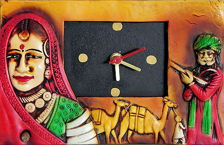 Battery Operated Wall Clock in a Terracotta Plate with Rajasthani Couple - Wall Hanging