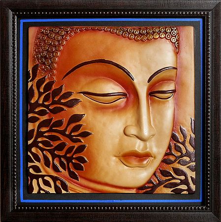 Lord Buddha on Wooden Frame - Terracotta Wall Hanging