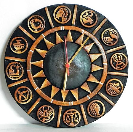 Battery Operated Wall Clock in a Terracotta Disc with Zodiac Signs - Wall Hanging