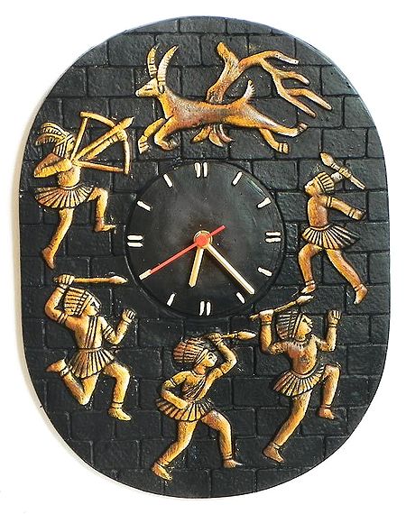 Battery Operated Wall Clock in a Terracotta Disc with Tribal Hunters - Wall Hanging
