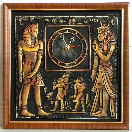 Battery Operated Wall Clock in a Decorated Terracotta Plate with Egyptian Figures - Wall Hanging