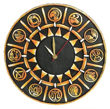 Battery Operated Wall Clock in a Square Terracotta Disc with Zodiac Signs - Wall Hanging