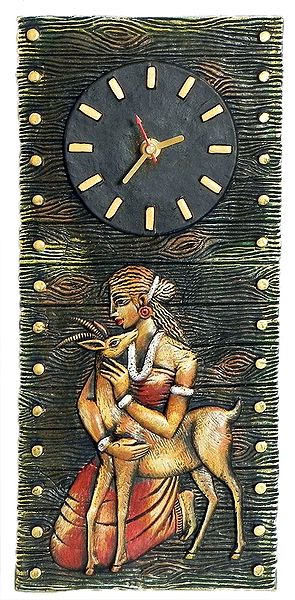 Battery Operated Wall Clock in a Terracotta Plate with Shakuntala and Deer - Wall Hanging