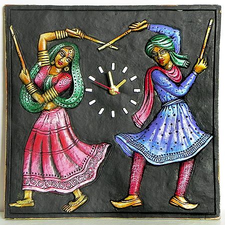 Battery Operated Wall Clock in a Terracotta Plate with Dandiya Raas - Wall Hanging
