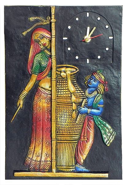 Battery Operated Wall Clock in a Terracotta Plate with Yashoda and Krishna - Wall Hanging