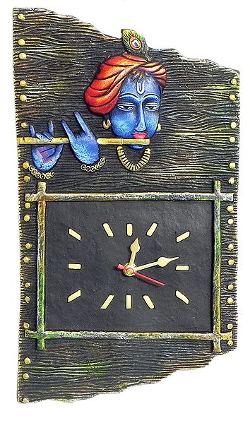 Battery Operated Wall Clock in a Terracotta Plate with Krishna - Wall Hanging