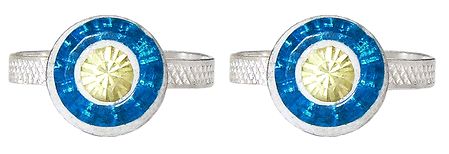 Pair of Cyan Blue and Light Yellow Stone Studded Round Toe Ring