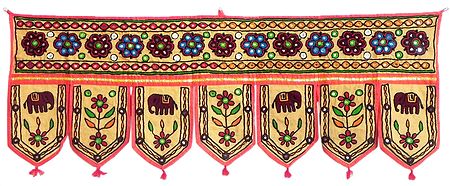 Embroidered Elephants and Flowers on Beige Cloth Door Toran - (Decorative Door Hanging)