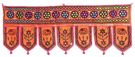 Embroidered Elephants and Flowers on Saffron Cloth Door Toran - (Decorative Door Hanging)