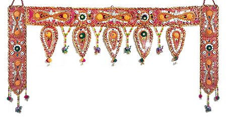 Cloth Door Toran with Zari Ribbon, Beads and Cowrie - (Decorative Door Hanging)