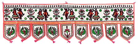 Embroidered Peacocks and Dandiya Raas Dancers on Cloth Door Toran - (Decorative Door Hanging)