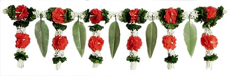 Plastic Leaves with Red Cloth Flower Toran - (Decorative Door Hanging)