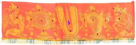 Vishnu Symbols with Hanuman and Garuda on Cloth Door Toran - (Decorative Door Hanging)