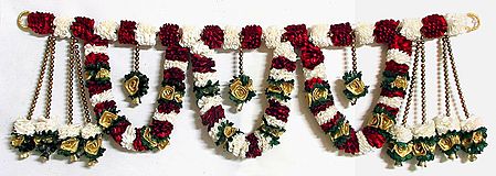 Satin Ribbon Flower Door Toran with Beads and Golden Bell - (Decorative Door Hanging)