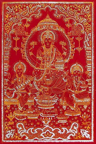 Lakshmi, Saraswati and Ganesh - (Silver and Golden Glitter Painting)