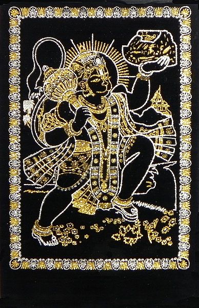Hanuman Carrying Gandhamadan Parvat- (Golden and Silver Glitter Painting)