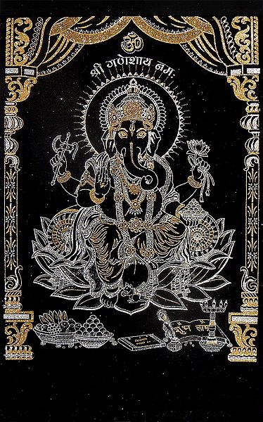 Lord Ganesha - (Silver and Golden Glitter Painting)