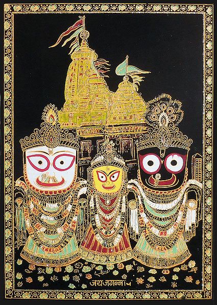 Jagannath, Balaram, Subhadra  with Temple in the Background (Glitter Painting)