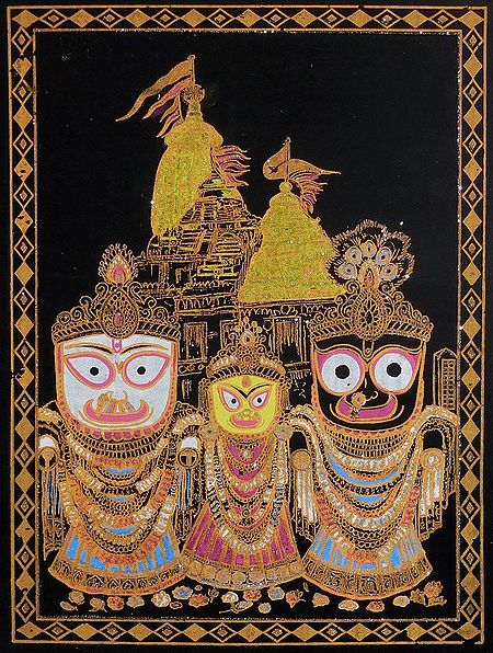 Jagannath, Balaram, Subhadra with Temple in the Background (Glitter Painting)
