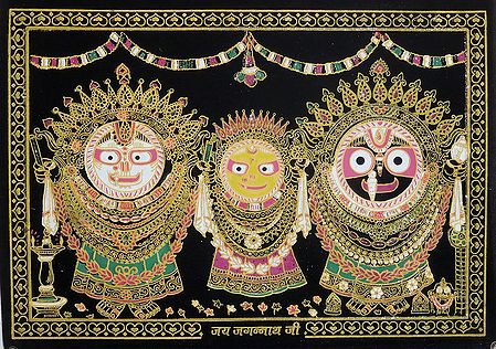 Jagannath, Balaram, Subhadra with Temple in the Background (Glitter Painting)