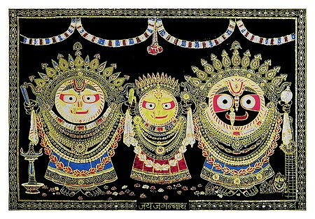 Jagannath, Balaram, Subhadra with Temple in the Background - (Silver and Golden Glitter Painting)