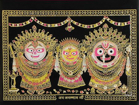 Jagannath, Balaram, Subhadra with Temple in the Background - (Silver and Golden Glitter Painting)