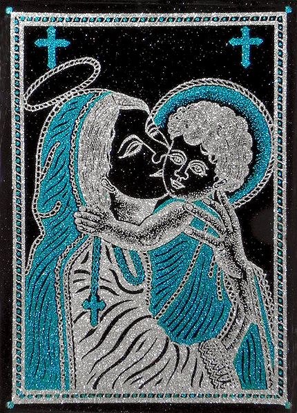 Mother Mary and Jesus Christ - (Blue and Silver Glitter Painting)