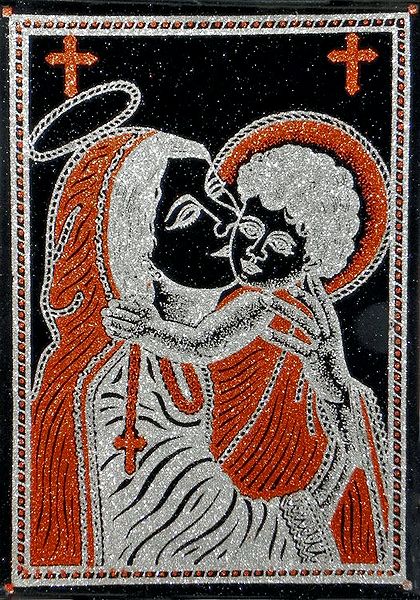 Mother Mary and Jesus Christ - (Saffron and Silver Glitter Painting)