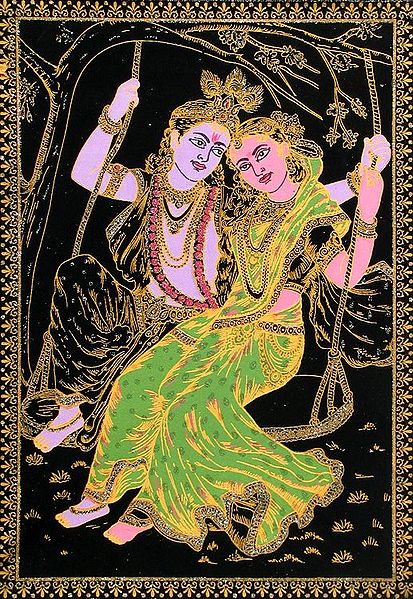 Radha Krishna on Swing - (Golden Glitter Painting)
