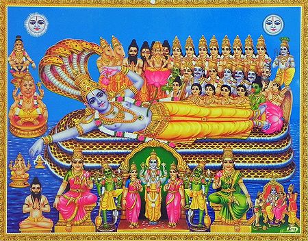 Vishnu in Anantashayan and Being Prayed by Gods and Goddesses