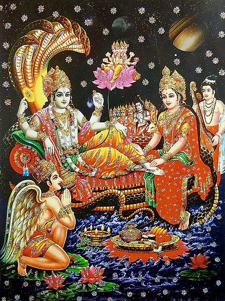 Brahma Emerging From The Navel of Vishnu with Lakshmi At His Feet - Glitter Poster