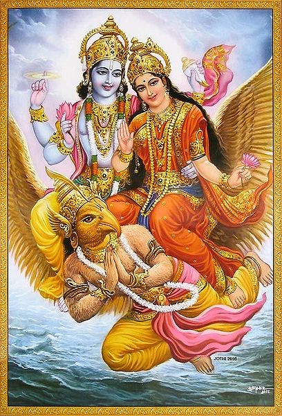 Lord Vishnu and Lakshmi Riding on Divine Vehicle Garuda