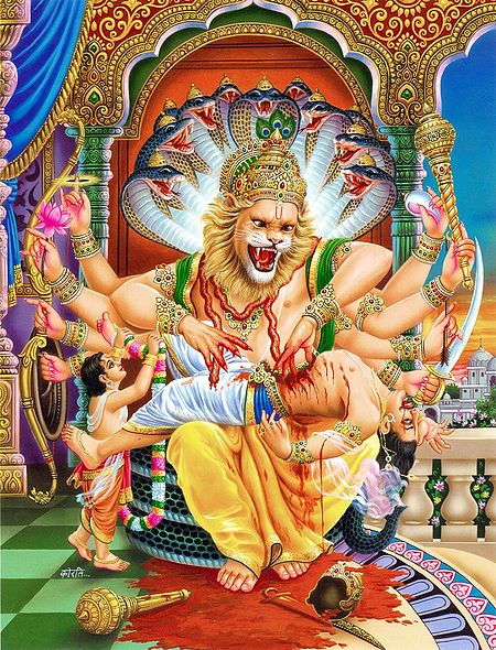 Vishnu as Narasimha Avatar Killing Demon Hiranyakashipu