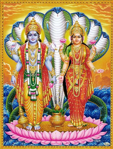 Vishnu and Lakshmi Standing on a Lotus Protected by Sheshanaga
