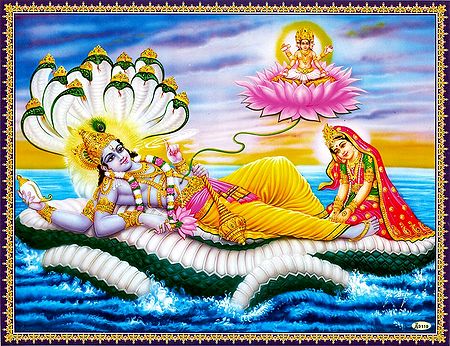 Brahma Emerging From The Navel of Vishnu with Lakshmi At His Feet